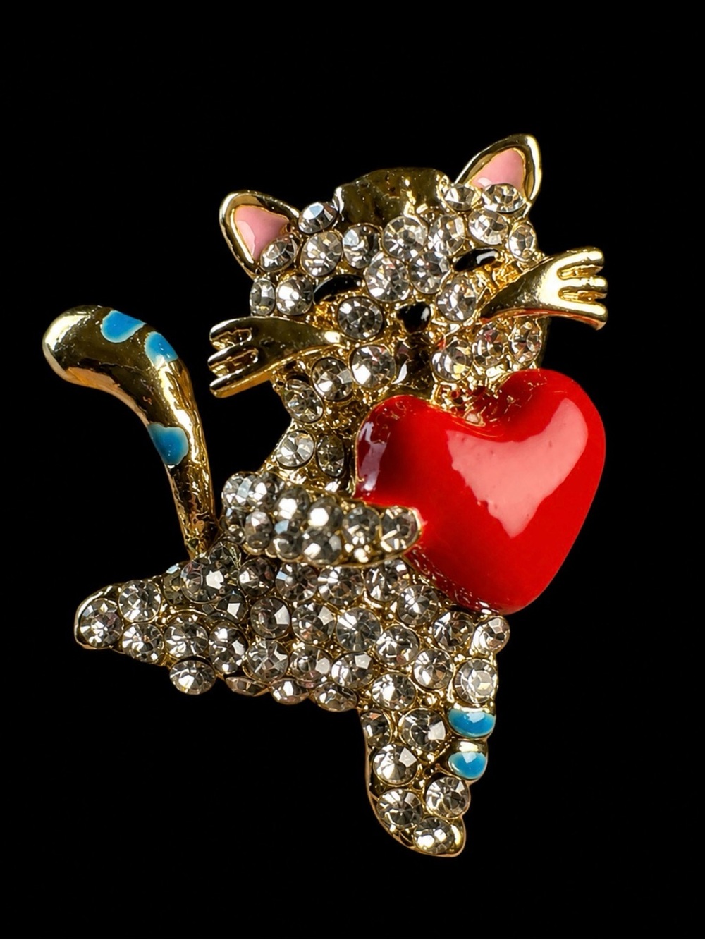 Gold and Red Heart Cat Brooch